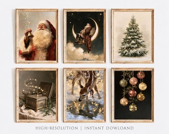 Set of 6 Vintage Christmas Printable Wall Art Bundle, Neutral Santa Claus Painting, Whimsical Christmas Digital Download