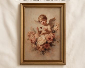 May include: A framed vintage print featuring a cherubic angel holding a card with a heart, surrounded by roses. The artwork has a soft, romantic color palette with gold frame. Text at the top reads "HIGH-RESOLUTION | INSTANT DOWLOAND".