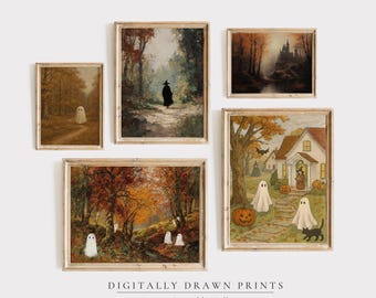Printable Halloween Gallery Wall Set of 5, Cute Ghosts and Witch Art Bundle, Vintage Autumn Decor Digital Download, Halloween Prints Set