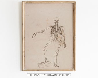 Halloween Printable Wall Art, Skeleton Wall Art, Vintage Halloween Decor, Antique Drawing, Art Digital Download