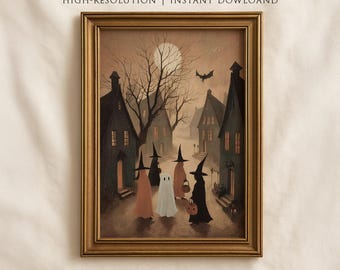 Neutral Halloween Printable Wall Art, Vintage Ghost & Witch Trick or Treat Digital Download, Abstract Halloween Print, Halloween Decor