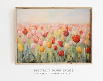 Printable Spring Wall Art, Spring Tulips Oil Painting, Floral Print, Wildflowers Country Oil Painting, Farmhouse Decor, Digital Download