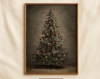 Puede incluir: Pintura enmarcada de un árbol de Navidad de estilo vintage. El árbol está adornado con adornos rojos y dorados. El marco es dorado. El texto en la parte superior dice "HIGH-RESOLUTION | INSTANT DOWLOAND" y en la parte inferior "+ BONUS ART".