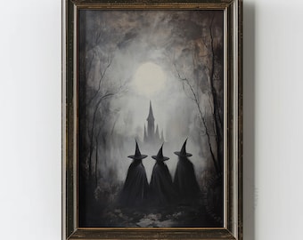 Printable Halloween Witchy Art, Gothic Witch Painting, Spooky Halloween Oil Painting, Halloween Rustic Wall Decor, Digital Download