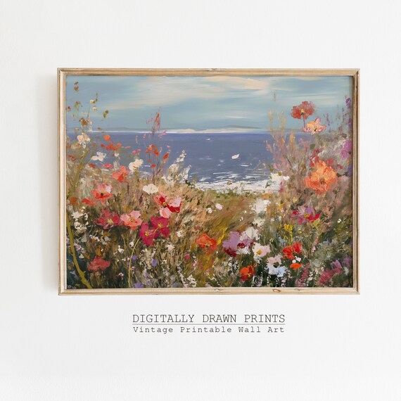 Printable Abstract Wildflowers Landscape Oil Painting, Summer