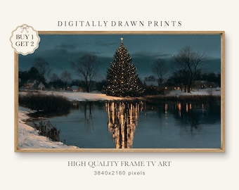 Christmas Tree Frame TV Art: Moody Snowy Village Landscape Painting (Digital Download)
