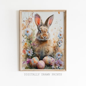 Easter Bunny Printable Wall Art, Watercolor Easter Print, Spring Farmhouse Decor, Easter Eggs Painting, Nurcery Wall Art, Digital Download