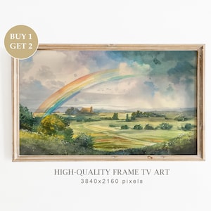 Frame TV Art St Patrick&#39;s Day Rainbow, Vintage Ireland Landscape, Rainbow in the Irish Countryside, Shamrock Watercolor Painting, TV Frame