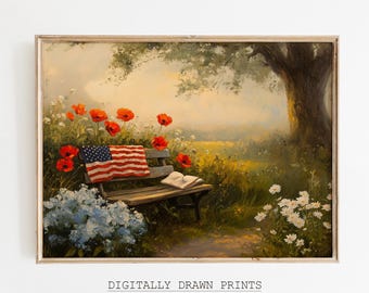 Arte de pared imprimible vintage del 4 de julio, bandera estadounidense, impresión del Día de la Independencia, descarga digital, decoración patriótica para el hogar, decoración americana