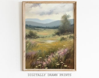 Printable Wildflower Field Landscape Oil Painting, Vintage Farm House, Country Landscape Oil Painting Printable, Digital Wall Art Printable