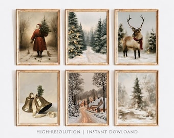 Vintage Christmas Prints: Gallery Set of 6, Christmas Tree & Santa Claus Painting (Digital Download)