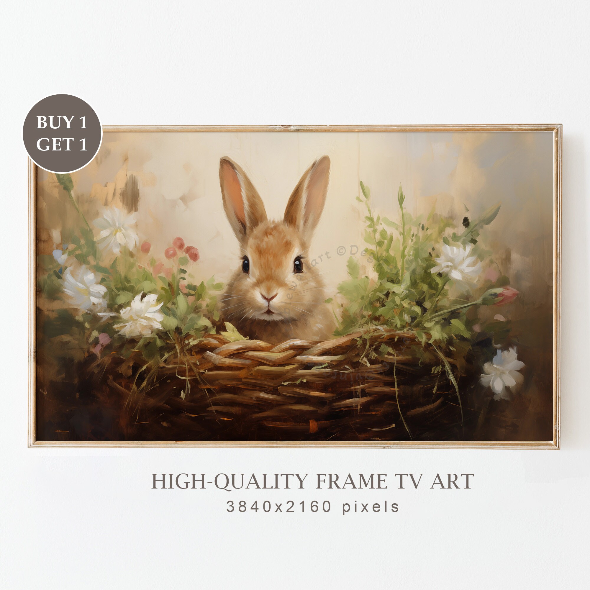 Vintage Easter Frame TV Art, Easter Bunny Antique Oil Vintage Easter Frame TV Art, Easter Bunny Antique Oil