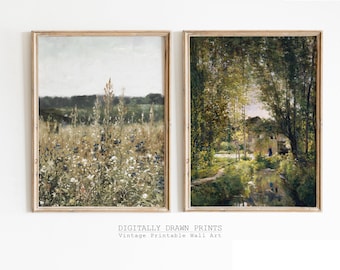 Set of 2, Country Landscape Print SET, Vintage Farmhouse Prints, Digital Download