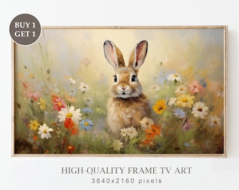 Easter Bunny Frame TV Art, Colorful Wildflowers Painting for Frame TV, Vintage Easter Spring Bunny, Spring Farmhouse Decor, Digital Download