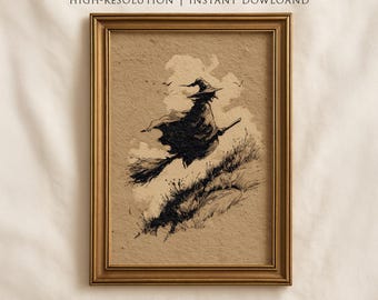 Vintage Witch Drawing Printable, Gothic Halloween Wall Art, Rustic Witch On Broomstick Sketch, Dark Academia Digital Art Download