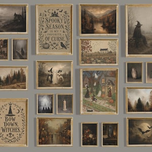 May include: A gallery wall collection of twenty-one framed art prints featuring dark, autumnal, and spooky themes. The prints include landscapes, witches, ghosts, pumpkins, bats, and text-based designs like Spooky Season is my favorite of curse.