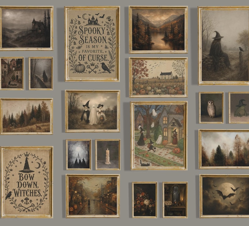 May include: A gallery wall collection of twenty-one framed art prints featuring dark, autumnal, and spooky themes. The prints include landscapes, witches, ghosts, pumpkins, bats, and text-based designs like Spooky Season is my favorite of curse.