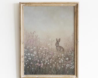 May include: A framed illustration of a brown rabbit sitting in a field of white and pink flowers. The background is a soft, hazy blue.