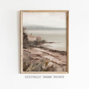 Vintage Oil Painting  Art Warm Tone Coastal Painting, Neutral Landscape Painting Muted Tonal Print, Digital Download
