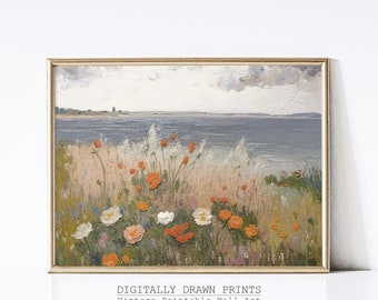 May include: A vintage-style painting of a seascape with a field of wildflowers in the foreground. The flowers are in shades of orange, pink, and white, and the sea is a light blue. The painting is framed in a gold frame.