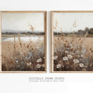 Printable Wildflower Field Set of 2, Vintage Farm House Oil Painting, Field Landscape Oil Painting Printable, Digital Wall Art Printable