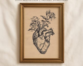 Valentine's Day Heart Line Art Printable, Vintage Floral Heart Drawing, Neutral Valentine’s Day Wall Art, Romantic Printable Decor