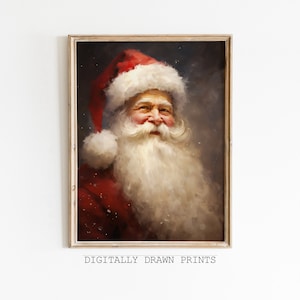 May include: A framed portrait of Santa Claus, rendered in a painterly style. Santa is depicted with a red hat and coat, a long white beard, and a warm smile. The text "DIGITALLY DRAWN PRINTS" is at the bottom.