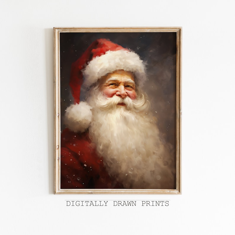May include: A framed portrait of Santa Claus, rendered in a painterly style. Santa is depicted with a red hat and coat, a long white beard, and a warm smile. The text "DIGITALLY DRAWN PRINTS" is at the bottom.