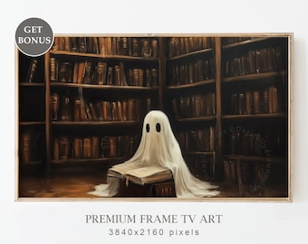 Ghost in Library Frame TV Art, Spooky Halloween Rustic Decor, Vintage Ghost Book Art, Dark Academia Frame TV Art,  Digital Download
