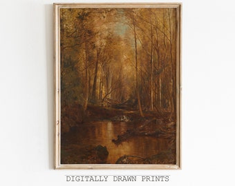 May include: A painting of a forest scene with a stream running through it. The trees are mostly brown and yellow, and the stream is a light blue. The painting is framed in a light wood frame.