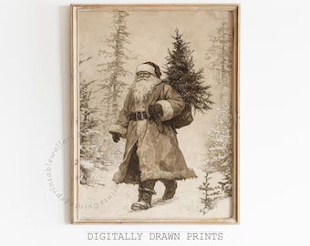Vintage Christmas Printable Wall Art, Neutral Santa Claus and Christmas Tree Drawing, Cottagecore Christmas Decor, Christmas Print