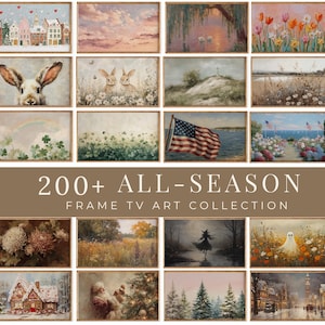 May include: A digital collection of 200+ all-season frame TV art prints featuring diverse scenes including snowy winter villages, pastel clouds, swans on a lake, colorful tulips, rabbits, landscapes, a US flag, flowers, ghosts, and Santa Claus.