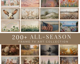 May include: A digital collection of 200+ all-season frame TV art prints featuring diverse scenes including snowy winter villages, pastel clouds, swans on a lake, colorful tulips, rabbits, landscapes, a US flag, flowers, ghosts, and Santa Claus.
