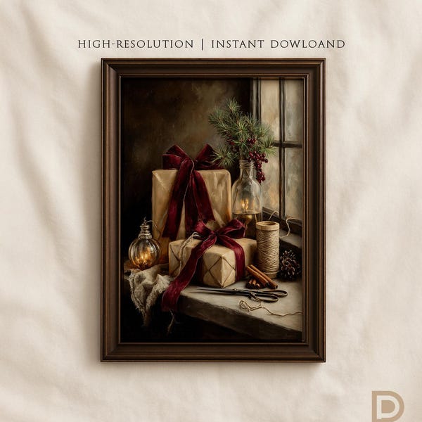 Vintage Christmas Still Life Print: Rustic Holiday Decor (Digital Download)