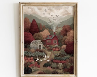 Arte mural imprimible de jardín de cabaña otoñal, descarga digital de casa de campo otoñal, impresión de cabaña roja otoñal, impresión de paisaje otoñal vintage