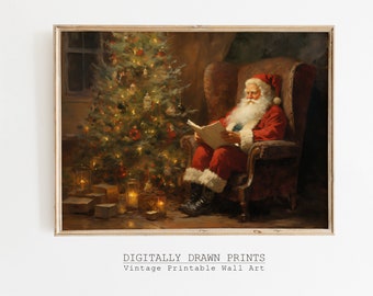 May include: A painting of Santa Claus sitting in a chair by a Christmas tree, reading a book. The room is dimly lit, with candles and presents on the floor.