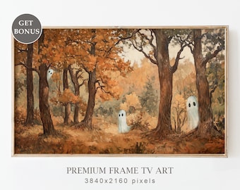 Cuadro de TV con lindos fantasmas espeluznantes en un paisaje otoñal, cuadro de TV con marco de Halloween, decoración rústica espeluznante, cuadro de fantasmas, descarga digital