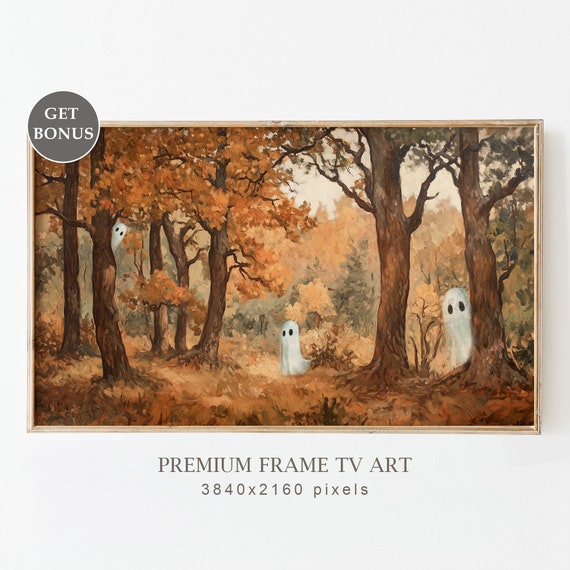 Cute Ghost Wall Art, Fall Spooky Halloween Print, Autumn Forest Landscape Painting, Ghost Halloween Decor, PRINTABLE