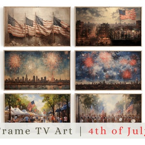 Vintage 4th of July Art Frame TV Art BUNDLE | Set of 6 Neutral Farmhouse Forth of July Paintings Digital Download, Independence Day Decor