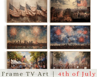 Vintage 4th of July Art Frame TV Art BUNDLE | Set of 6 Neutral Farmhouse Forth of July Paintings Digital Download, Independence Day Decor