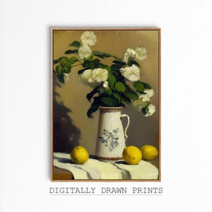 Vintage Küche Gemälde, antike Küchendekoration, weiße Blumen, Zitronen Stillleben, Bauernhaus Wand Kunstdruck, druckbare digitaler Download