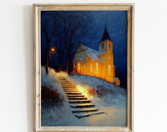 油絵 絵画【クリスマスの教会】 ヴィンテージクリスマス教会絵画：雪の降る冬の風景（デジタル