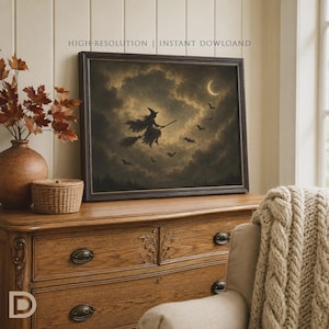 May include: A framed wall art print featuring a silhouette of a witch flying on a broomstick through a cloudy night sky with a crescent moon and several bats. The text HIGH-RESOLUTION | INSTANT DOWLOAD is visible above the dark rectangular frame.