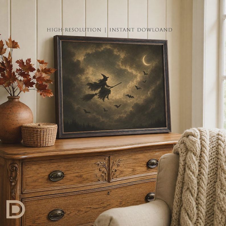 May include: A framed wall art print featuring a silhouette of a witch flying on a broomstick through a cloudy night sky with a crescent moon and several bats. The text HIGH-RESOLUTION | INSTANT DOWLOAD is visible above the dark rectangular frame.