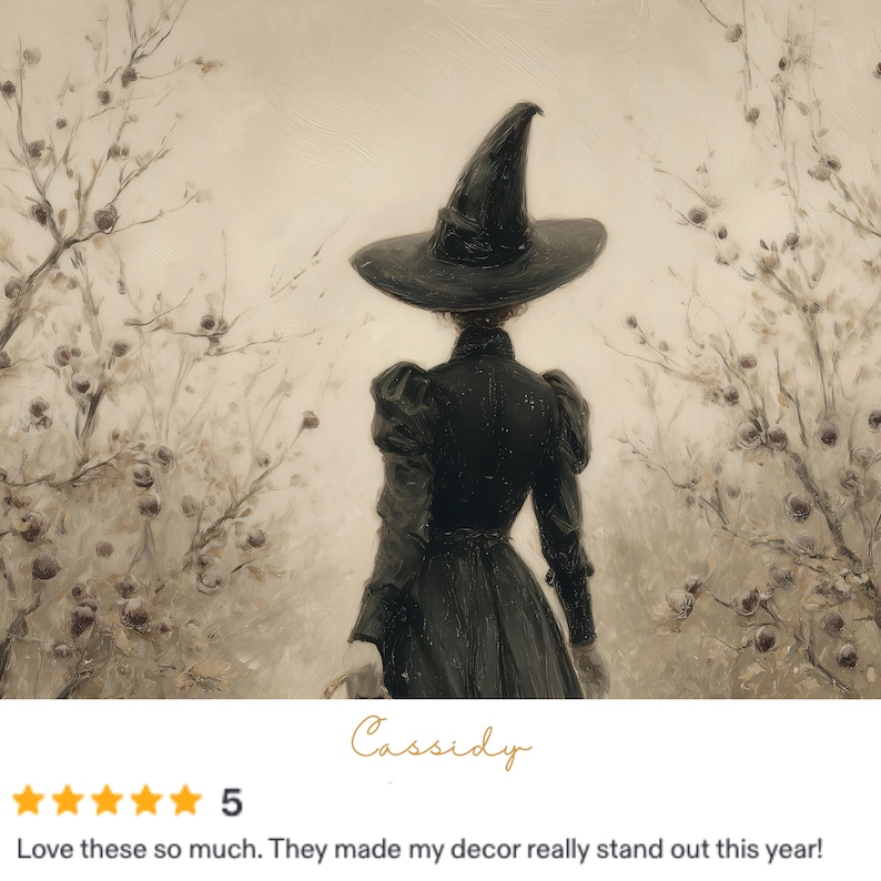 May include: An oil painting depicting a figure seen from behind, wearing a black dress with puffed sleeves and a tall, pointed black hat. The figure stands amidst pale, muted trees with dark, round fruit, rendered in a soft, atmospheric style.