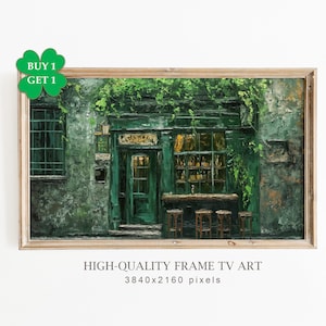 May include: A framed painting of a green pub exterior with a wooden bar and stools. The building is covered in ivy, and the artwork has a textured, painterly style. The text "HIGH-QUALITY FRAME TV ART" is at the bottom.