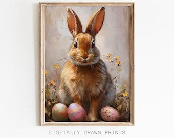 Easter Bunny Printable Wall Art, Vintage Spring Print, Easter Eggs Oil Painting, Spring Farmhouse Decor, Cottagore Wall Art Digital Download