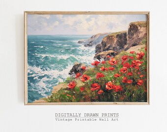 Printable Wildflower Field Landscape Oil Painting, Summer Coastal Wall Art, Vintage Country Printable Painting, Cottagecore Art Print