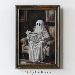 Arte de pared imprimible de fantasma leyendo periódico, decoración de Halloween, pintura de fantasmas, divertida impresión vintage de fantasma de Halloween, descarga instantánea