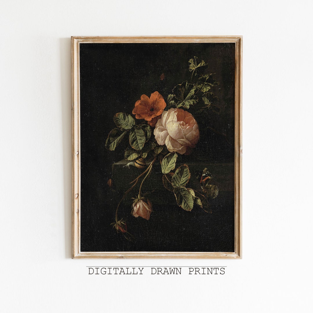 Vintage Moody Dark Flower Print, Dark Academia Botanical Wall Art ...